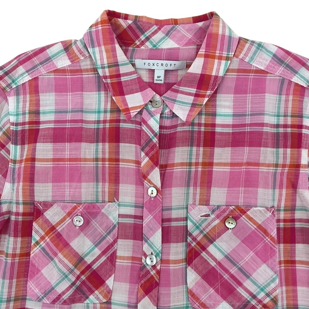 Foxcroft Shirt Womens 8P Pink Plaid Cotton Roll Tab Sleeve Button Up Preppy